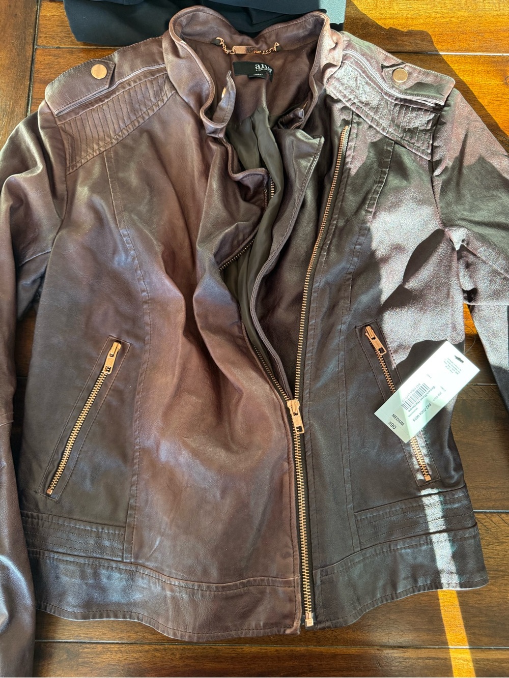 a.n.a Women's Brown Leather Moto Jacket with Zip Pockets
